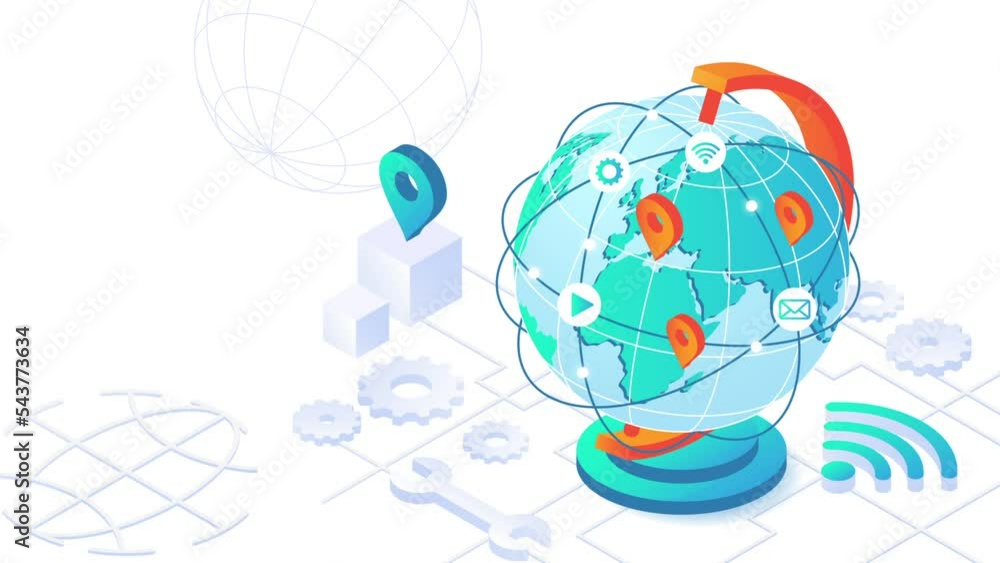 Poster global network. moving banner with globe wi fi symbol and location marks. communication in social ne