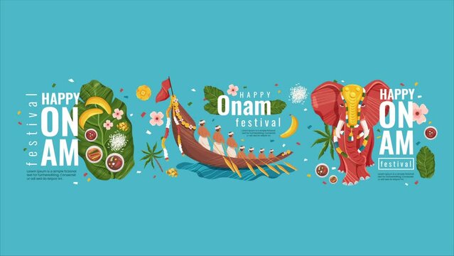 Happy Onam Festival video concept. Design for religious Indian holiday. Moving banner with decorated elephant, traditional food on green palm leaf and Indians on boat. Flat graphic animated cartoon