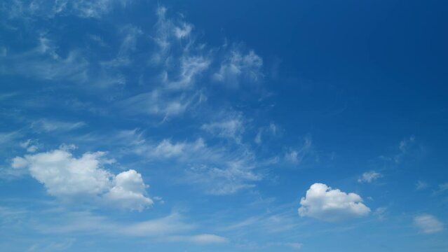 Clearing day and good windy weather. Sparse translucent white cirrus clouds in blue sky on a sunny day. Timelapse.