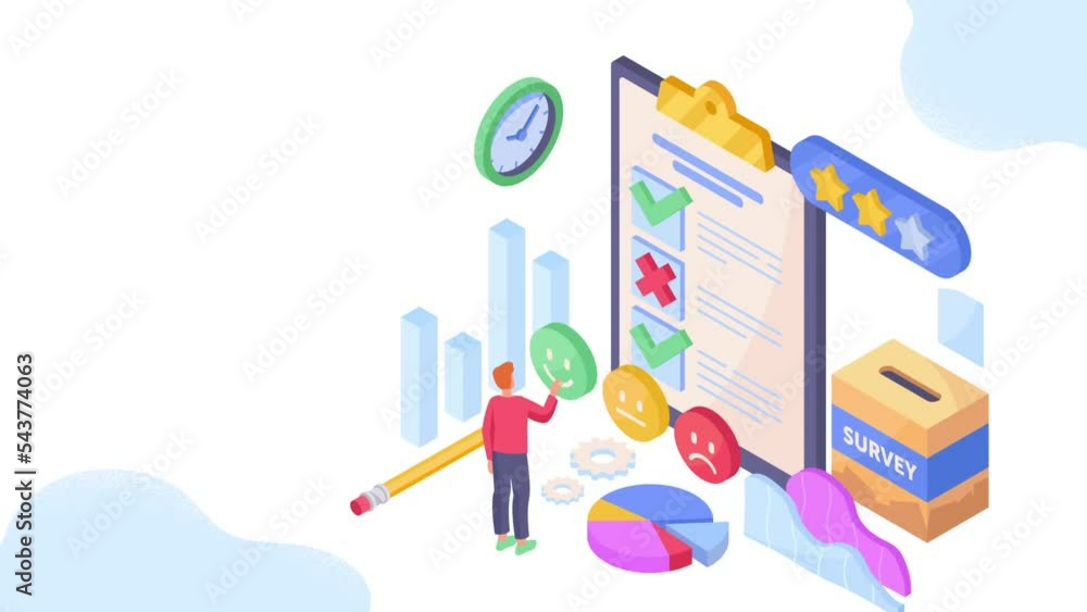Poster online survey or questionnaire video concept. moving man answers test questions and makes satisfacti