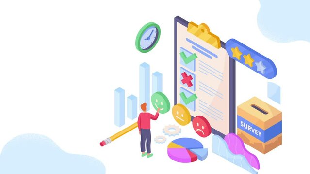 Online survey or questionnaire video concept. Moving man answers test questions and makes satisfaction rating. Character ticks checklist and gives feedback. Isometric graphic animated cartoon
