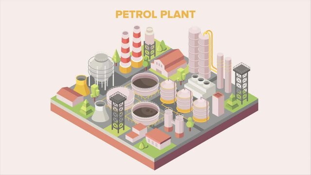 Petrochemical plant infrastructure video concept. Moving banner with oil refinery with equipment and tankers for storing fuel and petroleum. Hydrocarbon energy. Isometric graphic animated cartoon
