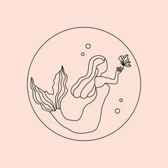 Logo design template Vector abstract mermaid with butterfly  in trendy linear minimal style.. Abstract symbol for organic products, beauty cosmetics, jewellery