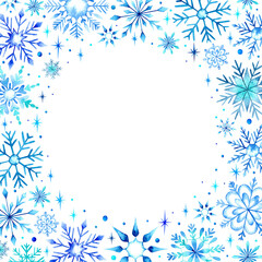 Fototapeta na wymiar Blue Watercolor Snowflakes and Stars as a Border to Blank Text Space as a Winter and Christmas design. 