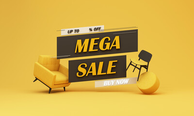 Flash sale banner template Special offer discount concept Sale of home decorations and furniture During promotions. surrounded by sofas chairs and advertising spaces. pastel background. 3d render