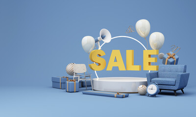 Flash sale banner template Special offer discount concept Sale of home decorations and furniture During promotions. surrounded by sofas chairs and advertising spaces. pastel background. 3d render