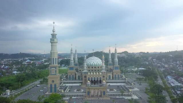 Drone view, Islamic Center mosque, Samarinda, East Kalimantan, is the third largest mosque in Indonesia
