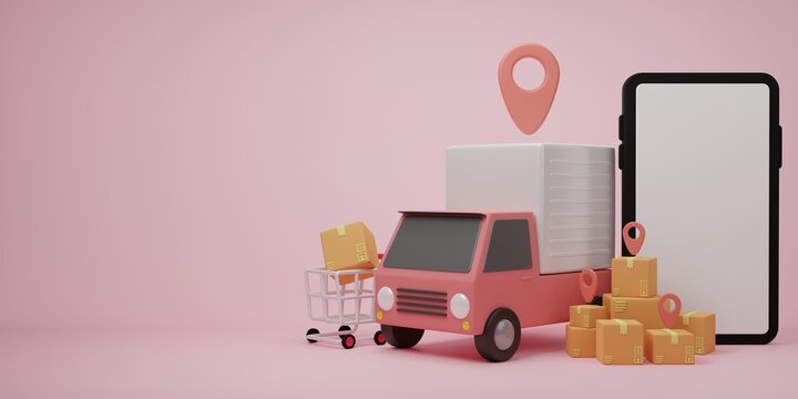 3d rendering illustration Cartoon minimal delivery truck with package box. Online delivery service concept. Transportation shipment delivery, delivery website, banner, background, application, poster