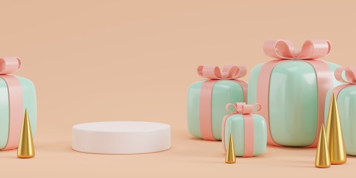 Christmas background concept with 3d podium for product presentation. Pink, green and gold geometric object on pink background. 3d render illustration. 
