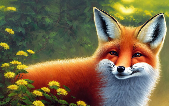A Beautiful Fox Resting By The Flowers,  Oil Painting