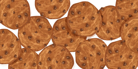 Galletas doradas y deliciosas con chispitas de chocolate, muchas galletas. 