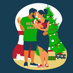 Happy young family celebrate christmas holidays. New year and merry christmas party at home. Husband and wife together with baby. Green tree background. Isolated on dark.
