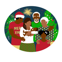 Happy african american family celebrate christmas holidays. New year and merry christmas party at home. Grandfather, grandmother together with children. Fireworks,  tree background.