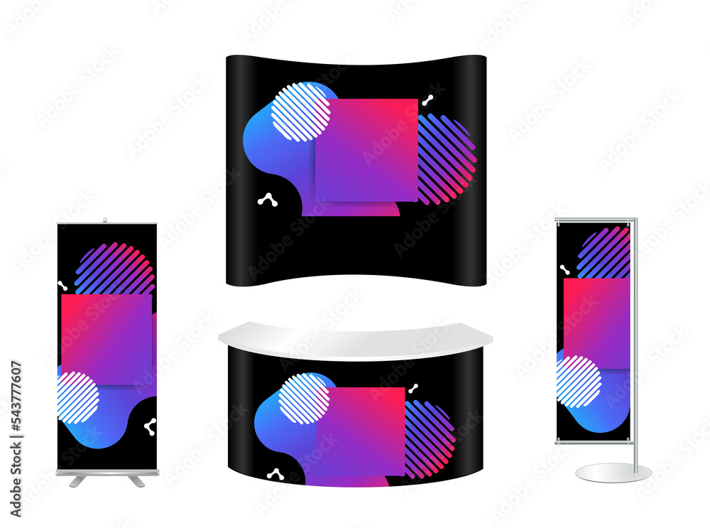 Aufkleber Exhibition stand mock-up design with templates for business Prism color of the rainbow in a bright and geometric multi-colored bubbles and fluid shapes