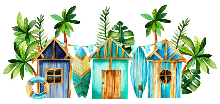 Summer watercolor illustration. Border from different bright beach huts, surfer boards, palm trees, tropical leaves on a white background. Surfing, beach, vacation