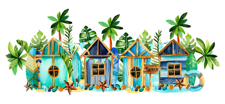 Large watercolor composition of beach huts, surfer boards, palm trees, tropical leaves, starfish and rocks.. Surfing, beach, vacation, summer
