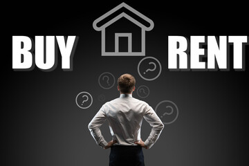 buy or rent choice, real estate concept, businessman making decision