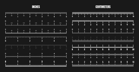 Realistic white centimeter and inch scale for measuring length or height. Various measurement scales with divisions. Ruler, tape measure marks, size indicators. Vector illustration