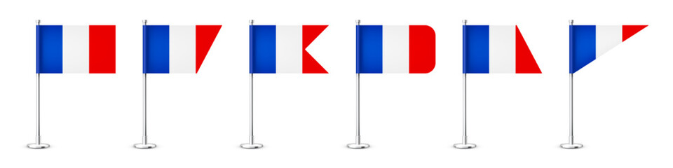 Realistic various French table flags on a chrome steel pole. Souvenir from France. Desk flag made of paper or fabric, shiny metal stand. Mockup for promotion and advertising. Vector illustration