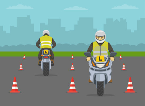 Motorcycle driving practice. Learner motorcyclists practising to ride a moto. Back and front view of a learner bikers on test road with red cones. Flat vector illustration template.