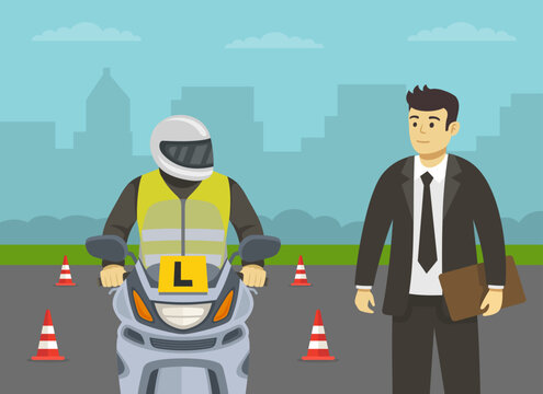 Motorcycle driving practice. Learner motorcyclist practising to ride a moto. Examiner giving instructions about exam. Close-up view. Flat vector illustration template.