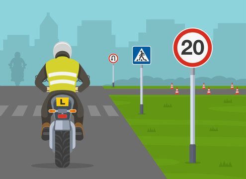 Motorcycle driving practice. Learner motorcyclist practising to ride a moto. Back view of a student biker on test road with traffic signs. Flat vector illustration template.