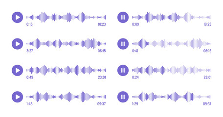 Fototapeta na wymiar Voice message, social media chat conversation. Messaging app, music player, audio or video editor interface element. Voice assistant, recorder. Sound wave pattern. Vector illustration
