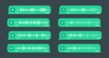 Obraz premium Voice, audio message, green speech bubble. SMS text frame. Social media chat or messaging app conversation. Voice assistant, recorder. Sound wave pattern. Dark mode. Vector illustration