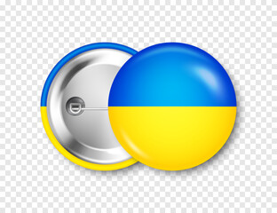 Realistic button badge with printed Ukrainian flag. Souvenir from Ukraine. Glossy pin badge with shiny metal clasp. Product mockup for advertising and promotion. Vector illustration