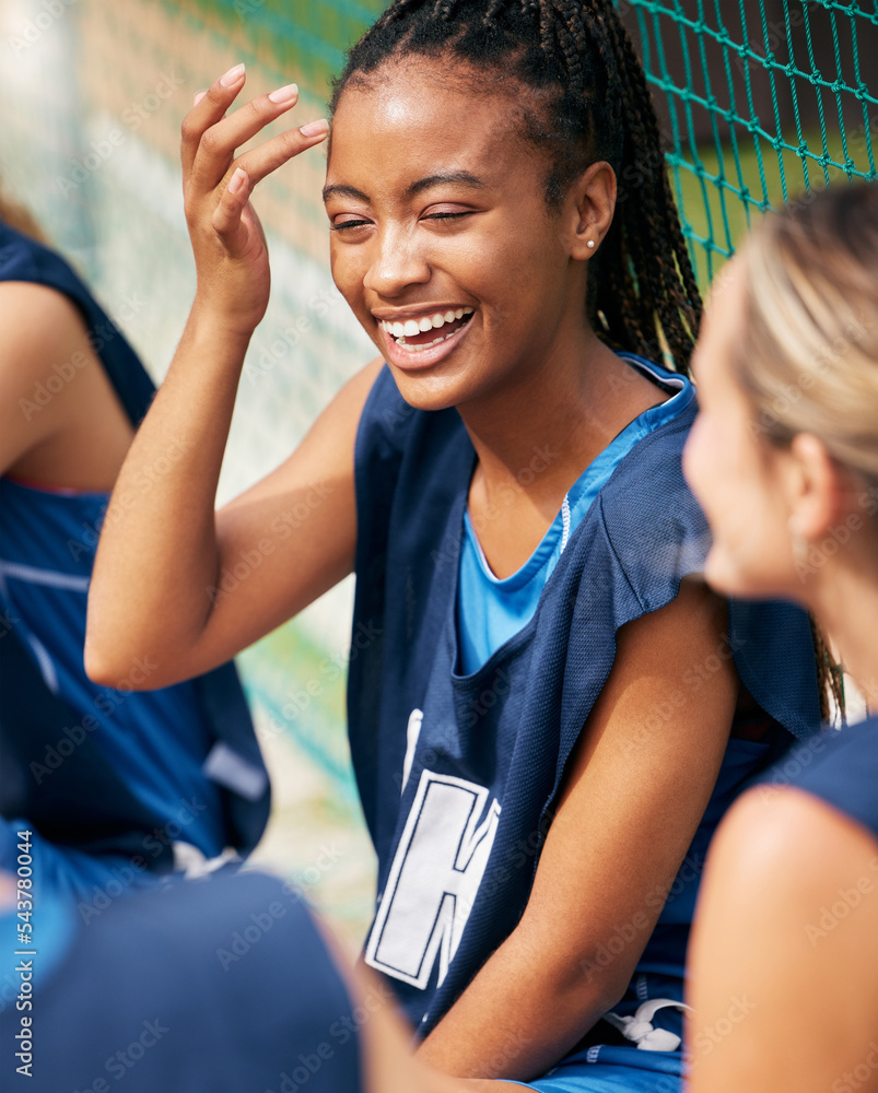 Poster Woman, laughing or bonding on sports court with netball community friends or people in diversity team building exercise. Happy smile, black person or athlete and fitness students in wellness training