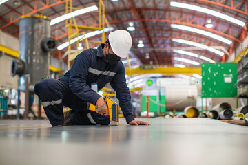 Male worker inspecting surface on plate stainless