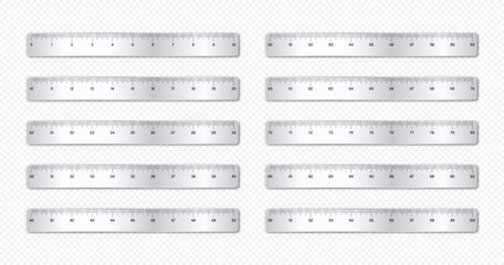 Realistic various shiny metal rulers with measurement scale and divisions, measure marks. School ruler, inch scale for length measuring. Office supplies. Vector illustration