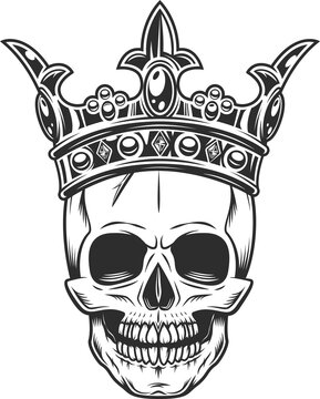 Skull in crown king monochrome illustration isolated. Vintage crowning, elegant queen or king crowns, royal imperial coronation symbols.