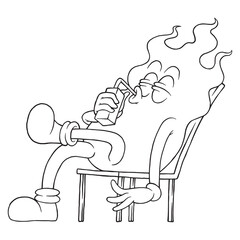 coloring illustration of cartoon fire mascot enjoy a beverage
