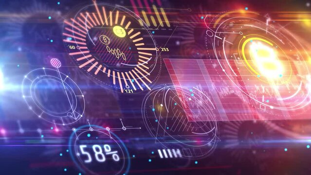 Abstract animated crypto trading infographic in virtual space.