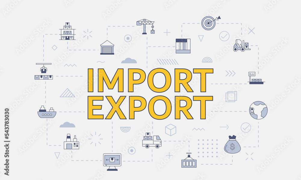 Poster import and export concept with icon set with big word or text on center