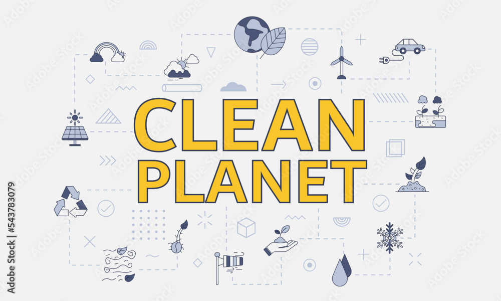 Poster clean planet concept with icon set with big word or text on center