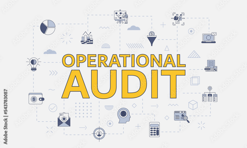 Poster operational audit concept with icon set with big word or text on center