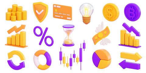 3d finance and business icons set.  Money, stock exchange, business investment, trading and finance concept. Realistic 3d high quality render