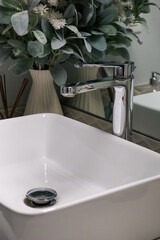 bathroom home luxury home decor style modern decor green and white plant silver deep white sink mirror reflection home design interior stylish trendy chic decoration house home room lifestyle calm