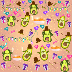 Avocado girl and avocado gentleman pattern with a bows, glasses, gift boxes, canes, hats, glasses of champagne, tangerines and heart shaped balloons on a beige starry background