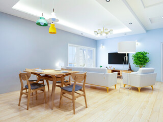 Interior design of dining room in modern living room, 3D rendering