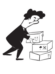 Black and white illustration of man . Boxes