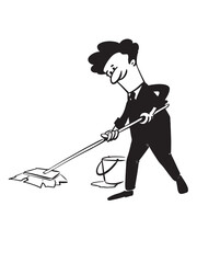 Black and white illustration of man . Mop the floor
