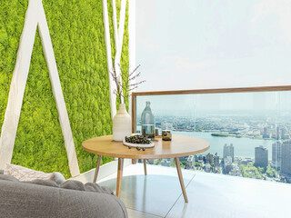 Open balcony design with green plants, 3D rendering