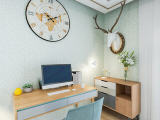 Study room design at home, 3D rendering