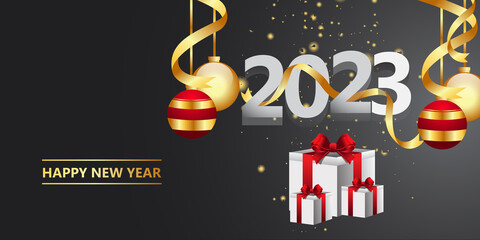Happy new year 2023.golden Christmas decoration and confetti onbackground. Holiday greeting card design.