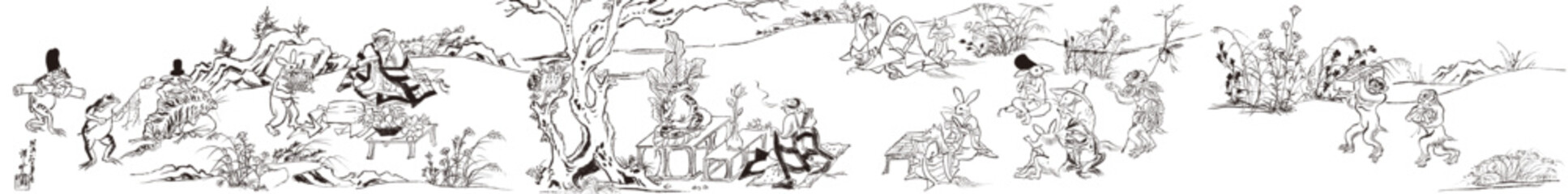 鳥獣戯画　鳥獣人物戯画　兎　蛙　鹿　猪　猿　狐　鳥　猫　相撲　祭司　弓矢