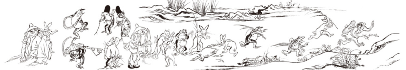 鳥獣戯画　鳥獣人物戯画　兎　蛙　鹿　猪　猿　狐　鳥　猫　相撲　祭司　弓矢