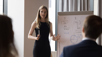 Businesspeople gathered in boardroom listen to confident woman business coach or presenter talks,...